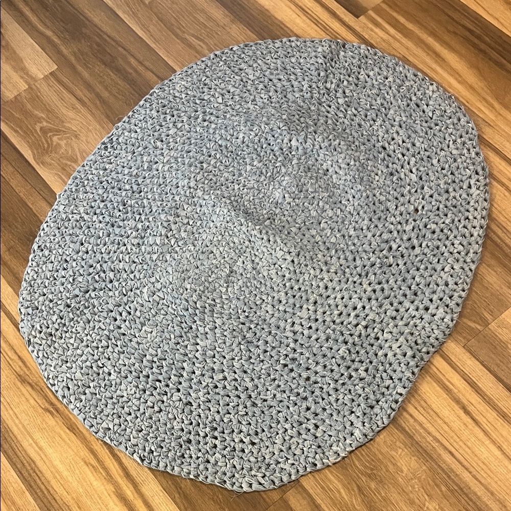 70's vintage handmade blue rag rug 34"x41" oval
